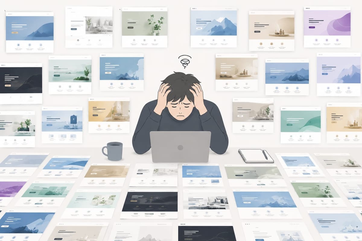 大量のLPデザイン案に囲まれ、ノートPCの前で頭を抱えている人のイラスト
